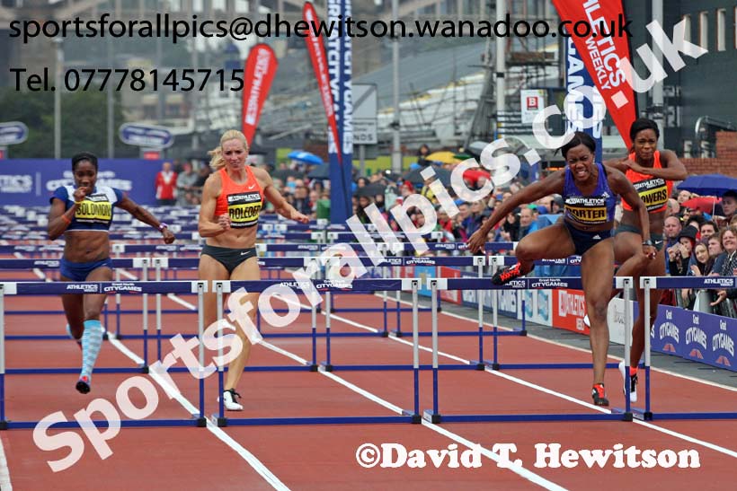 Tiffany Porter wins the 100 metres hurdles, Great North CityGames. Photo: David T. Hewitson/Sports for All Pics